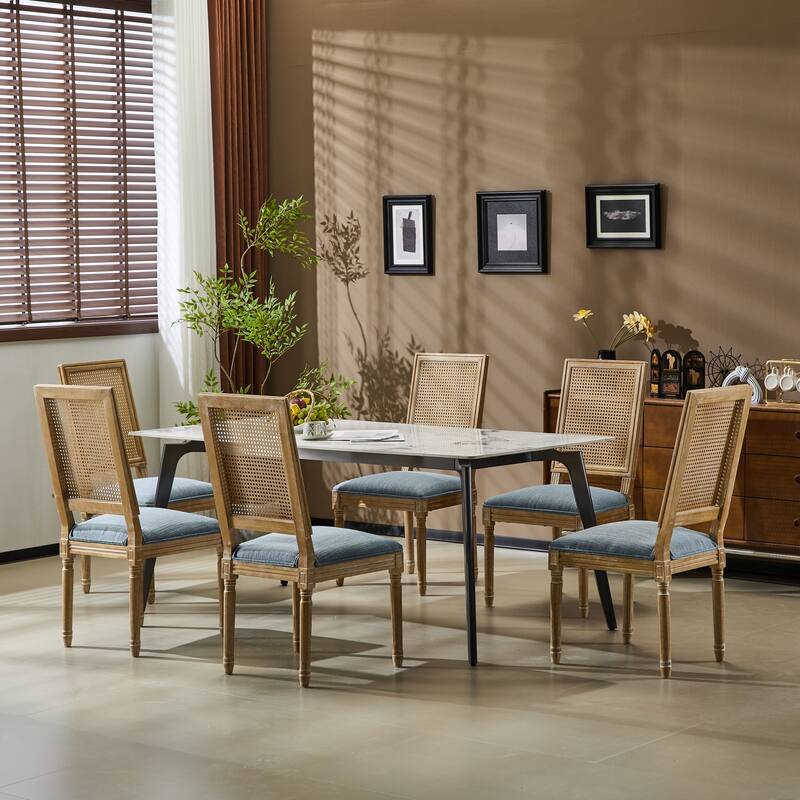 Modern 6 Piece Rattan Dining Chair with Backrest Cushions Wooden Legs for Dining Room Kitchen Living Room Bedroom - Multi