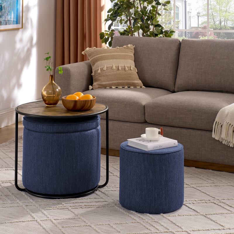Roomfitters Ottoman Table Set with Drum Stool and Hidden Storage, Multi-Functional Combination Accent Furniture