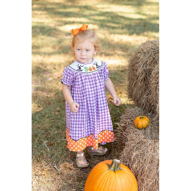 Lil Cactus Purple Gingham Halloween Boo Smocked Bishop Dress