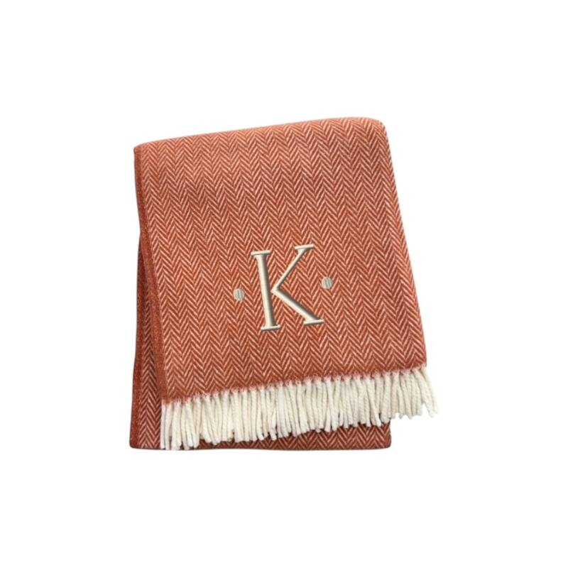 55" X 70" Terra Cotta And White Herringbone Cotton Blend S Initial Throw Blanket with Tassels And Embroidery - K