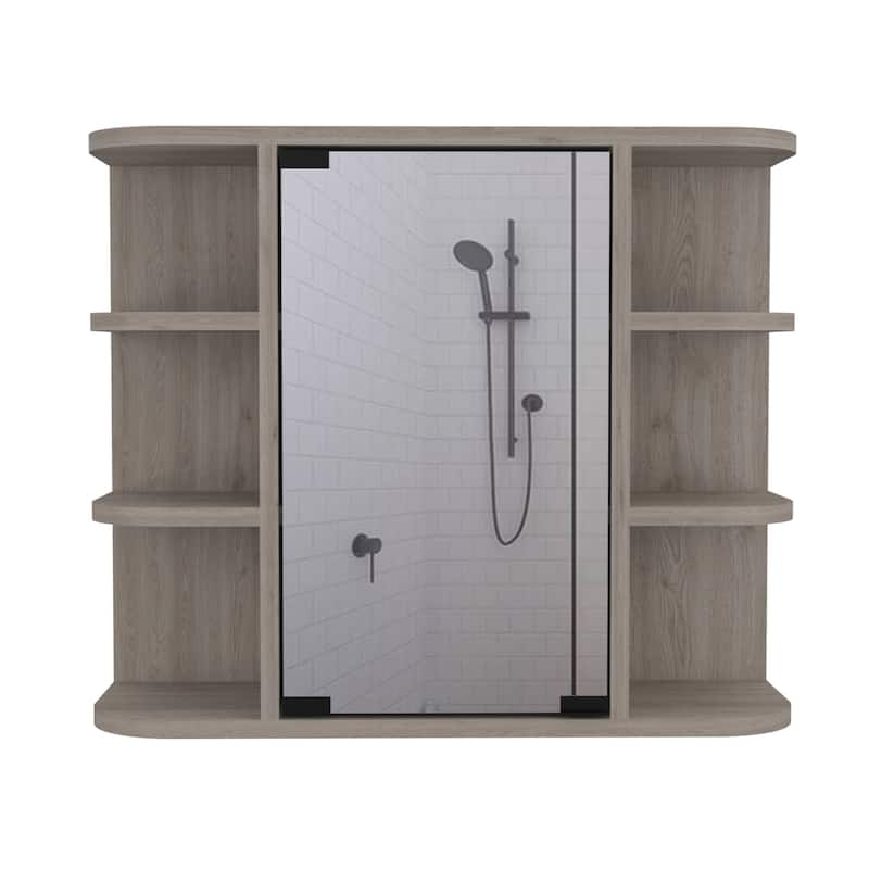 6-Shelf Medicine Cabinet with Mirror Panel Door, 3 Open Shelves on Each Side for Bathroom or Living Room Storage
