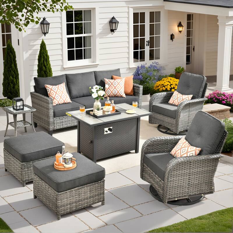 HOOOWOOO 7-piece Wicker Rattan Patio Furniture Set with Fire Pit Table - Black