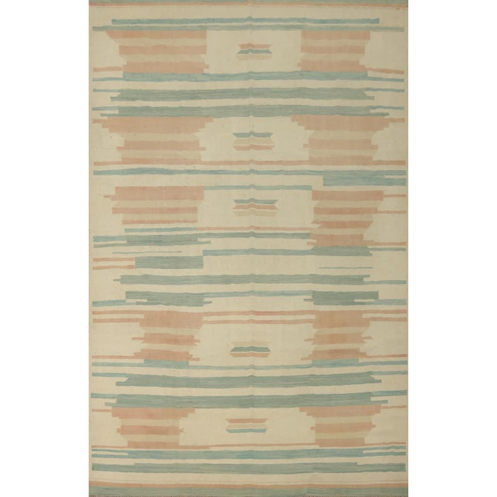 Hand Woven Southwestern Wool Beige Geometric Area Rug - 9' 9'' X 6' 7''