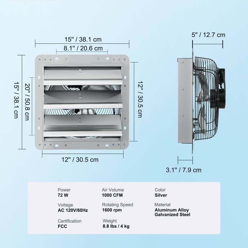 12" Shutter Exhaust Fan, High-speed 1000 CFM, Aluminum Wall Mount Attic Fan with AC-motor, Ventilation and Cooling