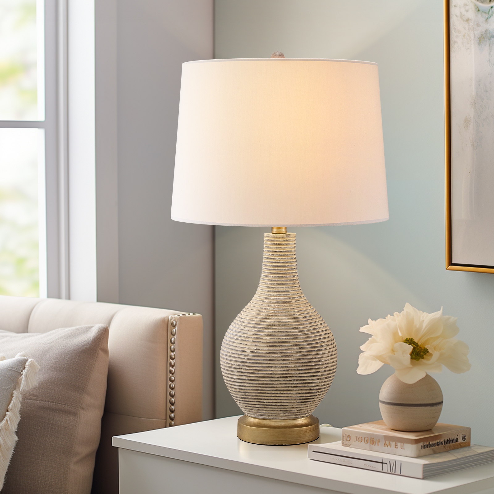 24.5 inch Washed Beige Gold Farmhouse Table Lamp with White Linen