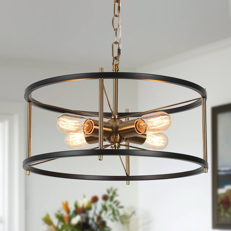 Modern Farmhouse 4-Light Black Gold Drum Chandelier Cage Pendant Lights for Kitchen Island - 17" D x 8" H