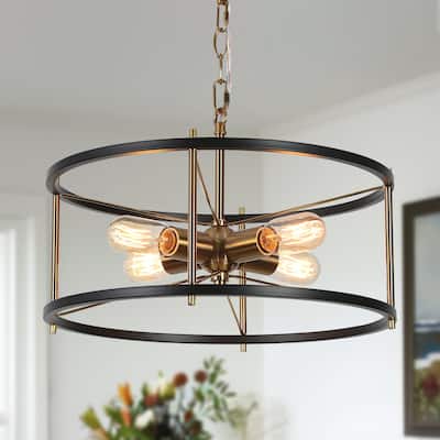 Modern Farmhouse 4-Light Black Gold Drum Chandelier Cage Pendant Lights for Kitchen Island - 17" D x 8" H