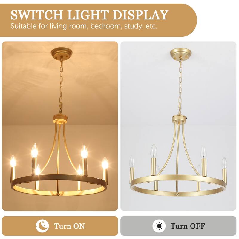 6-Light Farmhouse Candle Circle Hanging Wagon Wheel Chandelier Lighting for Kitchen Island