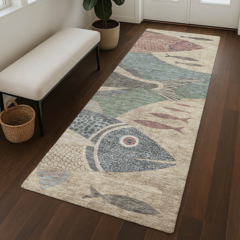 Machine Washable Indoor/ Outdoor Modern Fish Chantille Rug