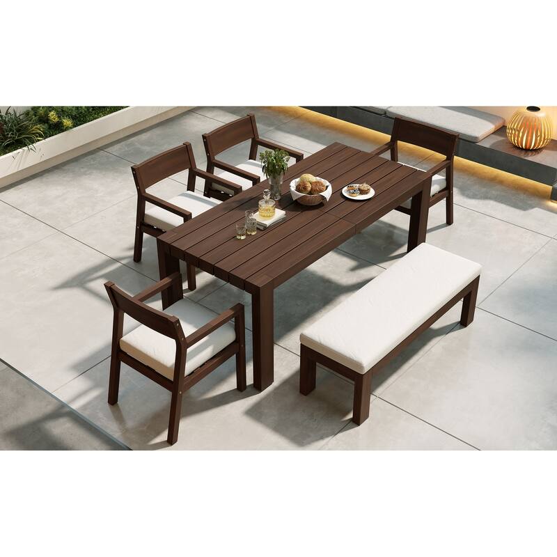 Outdoor Patio Dining Table Set for 6 - Person with Umbrella Hole Acacia Wood and Removable Cushions