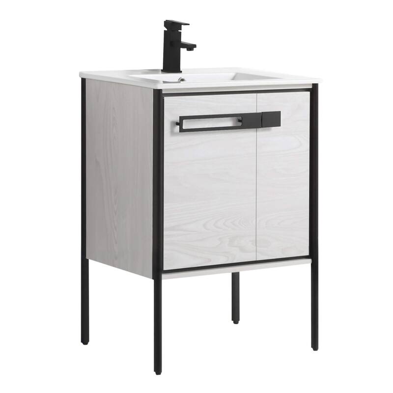 Fine Fixtures Oakville Bathroom Vanity with White Ceramic Sink - 24 Inch - Mild Grey Oak - Black Hardware