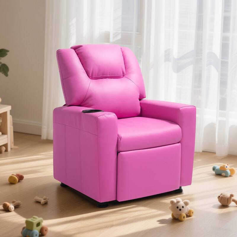 Kids Recliner Chair with Adjustable Backrest, Cup Holders and Leather Surface - 22.4 x 20.3 x 25.8 in