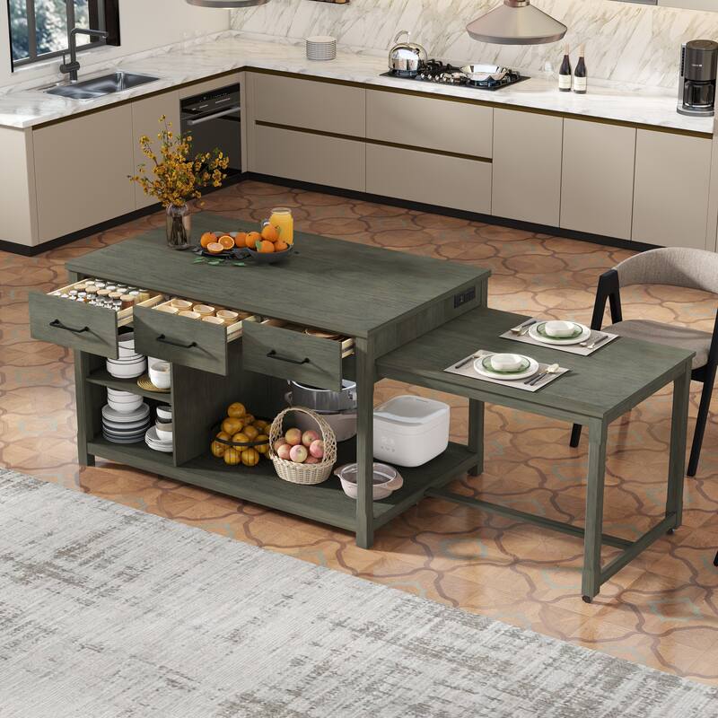 Extendable Kitchen Island with Storage, Multi-Functional Kitchen Cart with Built-In Power Outlets, Retro Kitchen Island