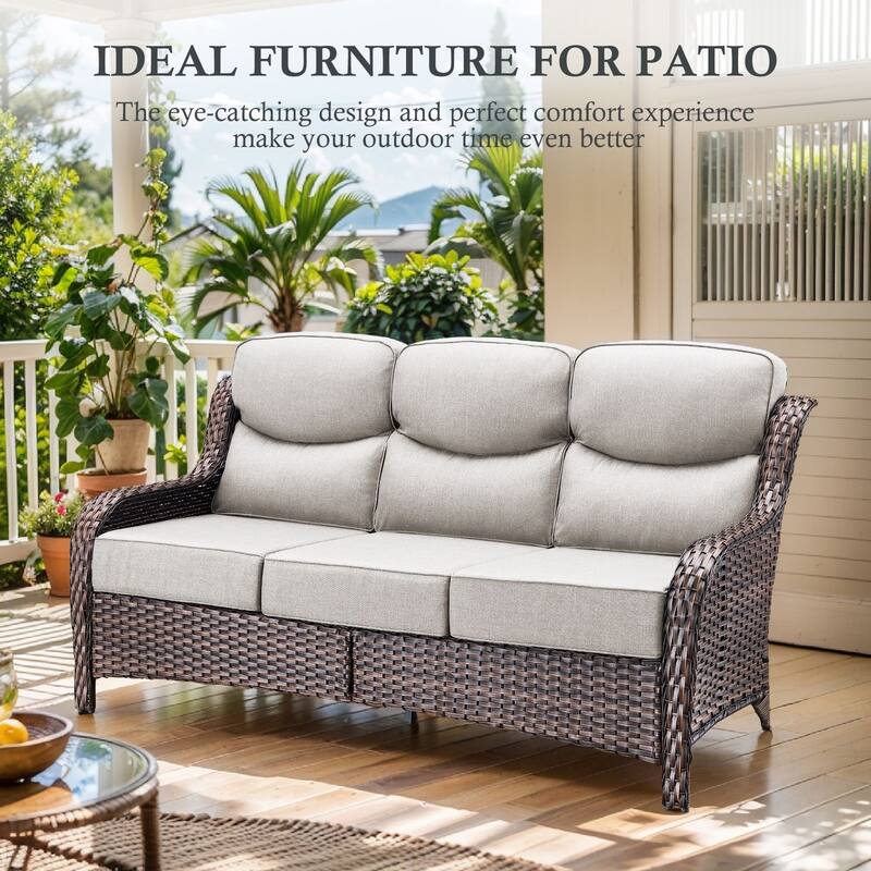 Arcadia 3-Seat Wicker Patio Sofa with 6-Inch Thick Cushions and 2 Ottomans
