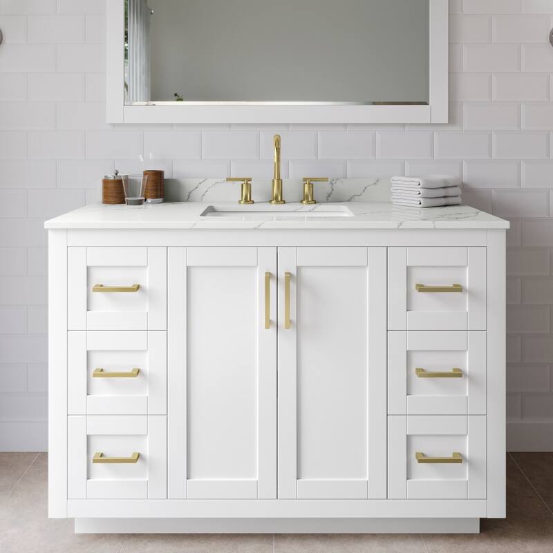 Wyndham Collection WCF292948S-QTZ-US3M46 Miranda 48" Free Standing - White / Giotto Quartz Top / Brushed Gold Hardware
