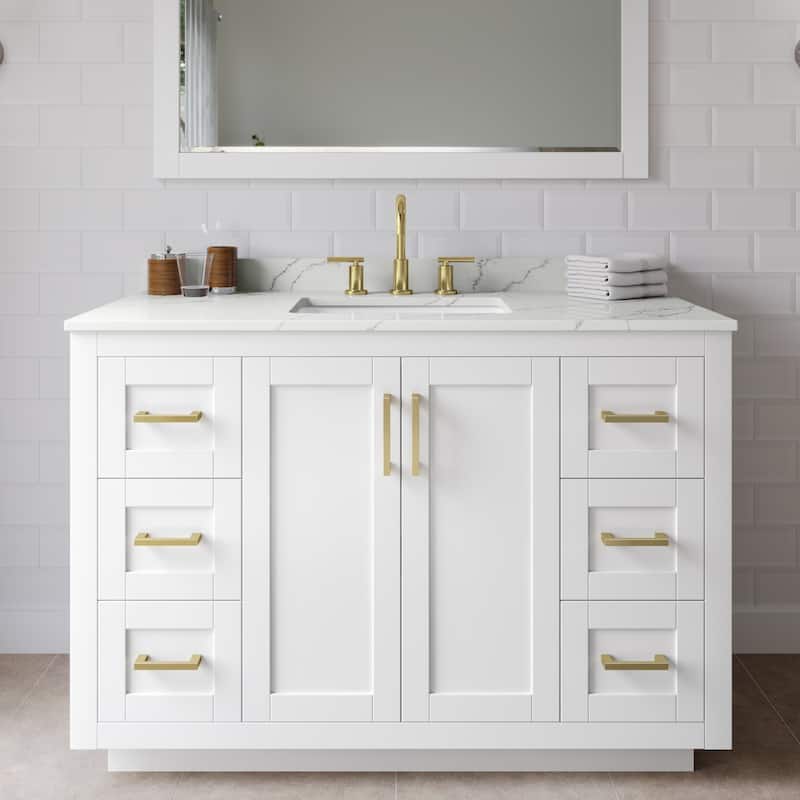 Wyndham Collection WCF292948S-QTZ-US3MXX Miranda 48" Free Standing - White / Giotto Quartz Top / Brushed Gold Hardware