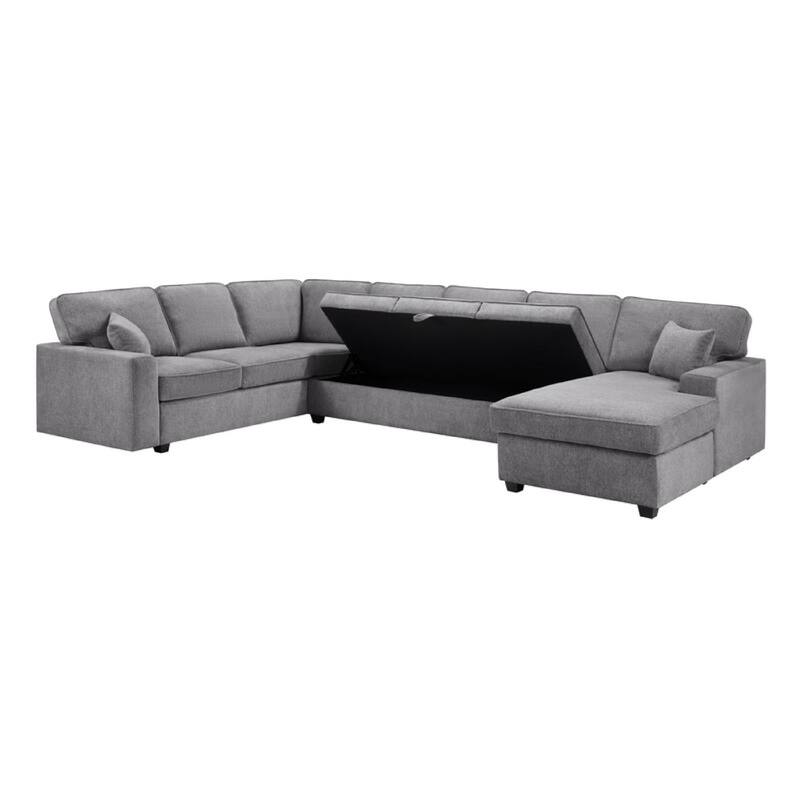 Sary 137 inch Sectional Sofa w Chaise, 2 Throw Pillows, Gray Chenille