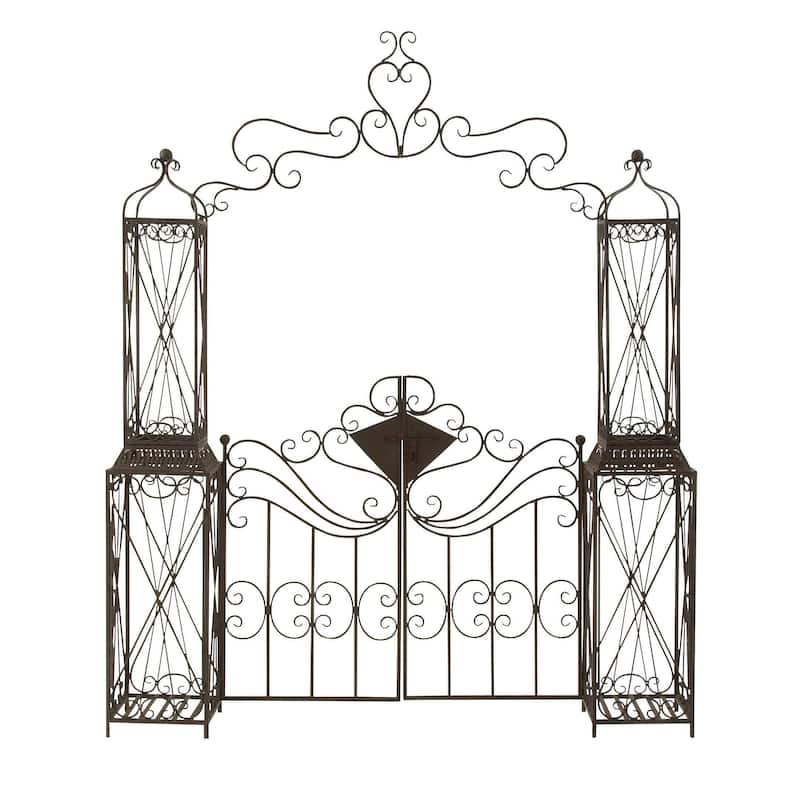 Metal Indoor Outdoor Scrollwork Arched Gate Garden Arbor with Pillars and Latch Lock Closure - Black - Roche River Decor - Black