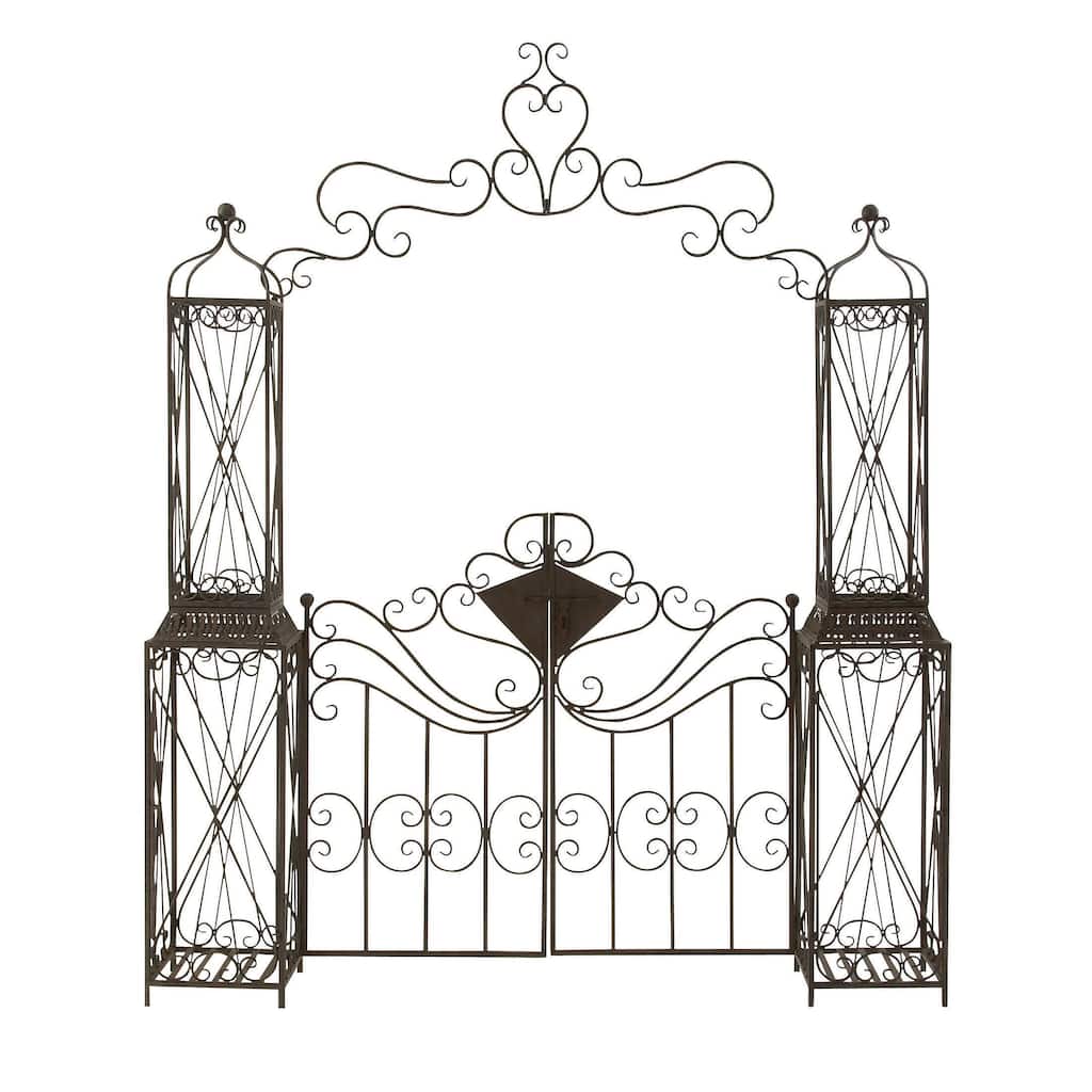 Metal Indoor Outdoor Scrollwork Arched Gate Garden Arbor with Pillars and Latch Lock Closure - Black - Roche River Decor