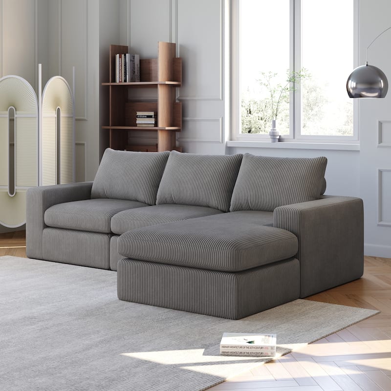 Roomfitters Modern 3-Seater Corduroy Cloud Sectional Sofa with Chaise, L-Shaped Boneless Couch with Pillows