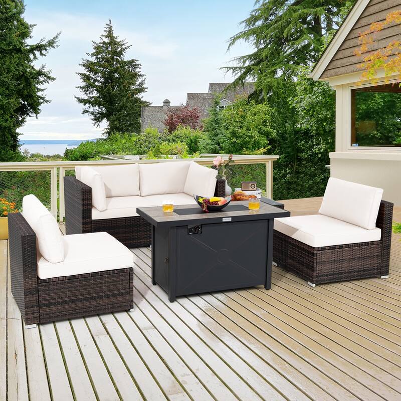Costway 6PCS Patio Furniture Set Rattan Cushioned Sofa Gas Fire Pit - See Details - Off White