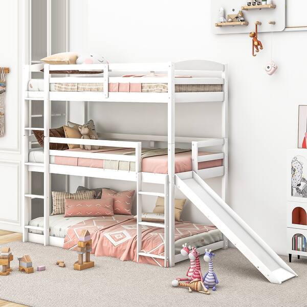 slide 2 of 6, White Twin Pine Wood Triple Bunk Bed with Built-in Ladders, Slide, and Adjustable Configuration White