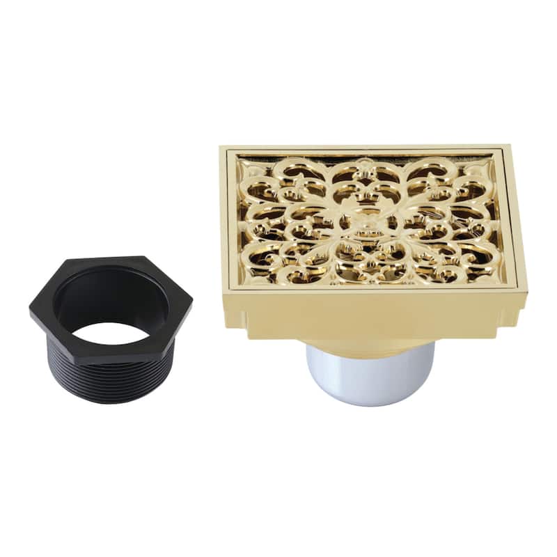 Watercourse Scroll 4" Square Grid Shower Drain - Polished Brass