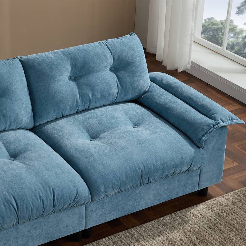 Chenille Tufted L-Shape Sectional Sofa with Storage Ottoman, Pockets and All-in-one Armrest with Dual-Port Charging, Cup Holder