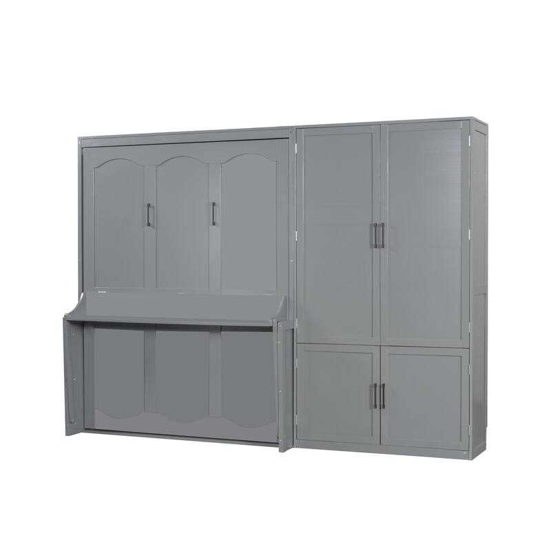 Queen Size Wall Bed with Closet and Hydraulic Lift System, Space-Saving Design, Gray