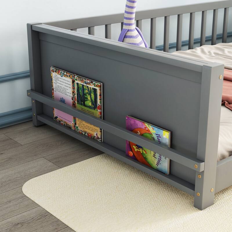 GDFStudio - Kensington Twin Floor Platform Bed with Built-in Book Storage Rack and Guardrails