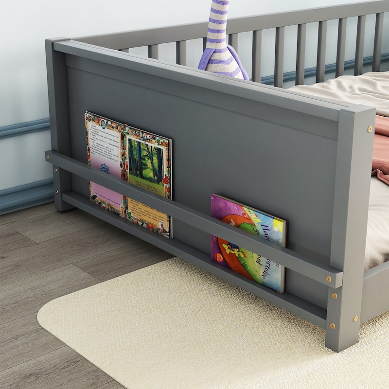 Grey Twin Size Pine Wood Floor Platform Bed with Fence