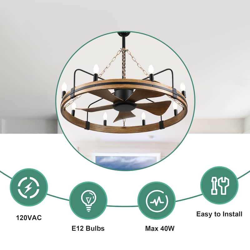 Cusp Barn 36 Inch Rustic Wagon Wheel Ceiling Fan with Light and Remote, Industrial 6 Speeds Fandelier Ceiling Fan for Bedroom