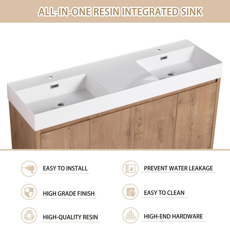 BNK 24/30/48/60 inch Freestanding Resin Sink Bathroom Vanity with Soft Close Door and Adjustable Shelf