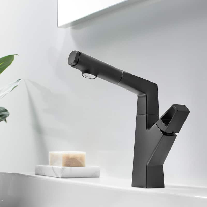 Pull Out Swivel Single Hole Bathroom Faucet - Matte Black