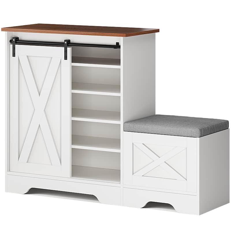 Farmhouse Entryway Shoe Bench with Storage and Cushioned Seating - White Sliding Door Cabinet