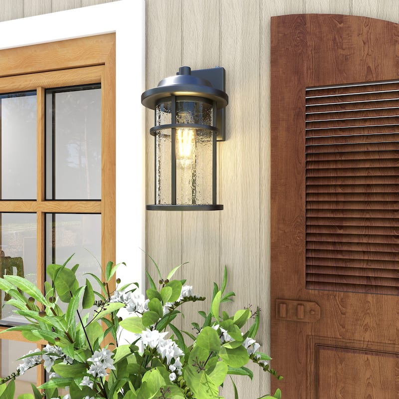 1-Light Seeded Glass Outdoor Wall Lantern With Dusk To Dawn - Matte Black