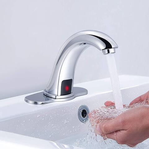 Touchless Bathroom Sink Faucet With Deck Plate, Chrome Automatic Sensor Bathroom Faucets Hands Free Vanity Basin Tap NO DRAIN