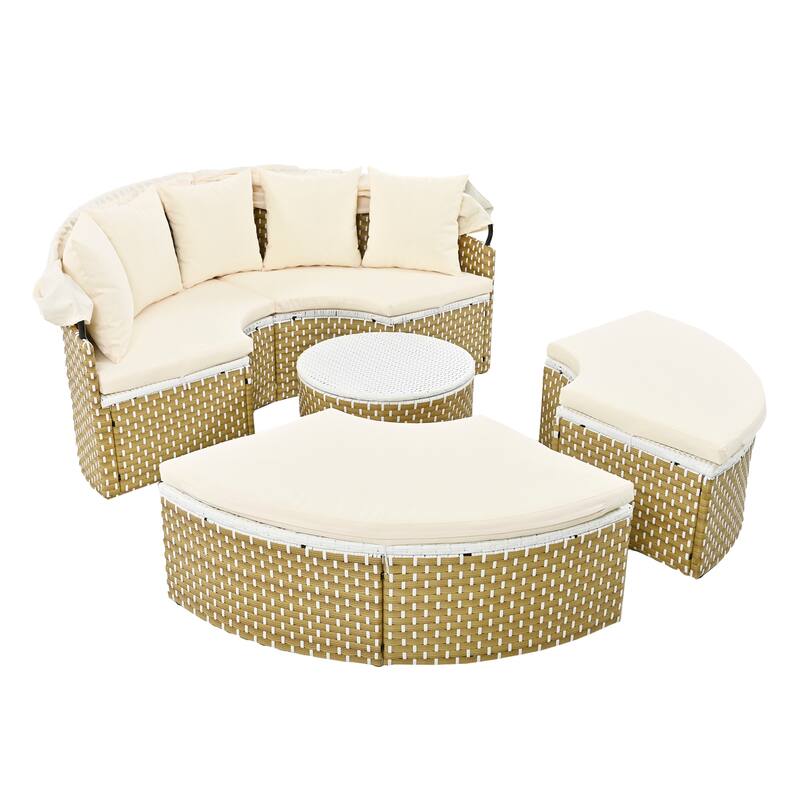 Round Outdoor Sectional Sofa Set Rattan Daybed Two-Tone Weave Sunbed with Retractable Canopy, Separate Seating