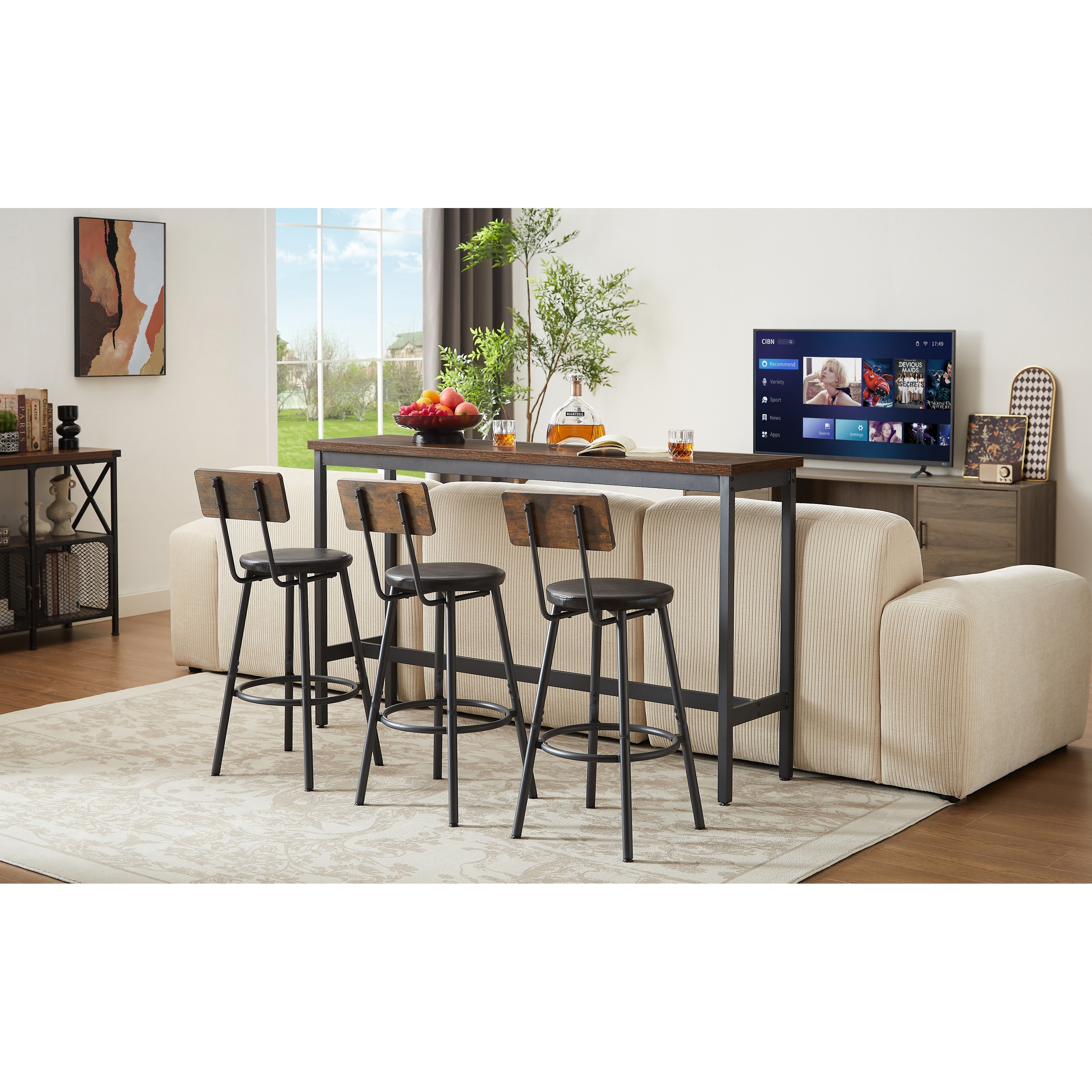 Industrial Long Bar Set with PU Upholstered Bar Stools for