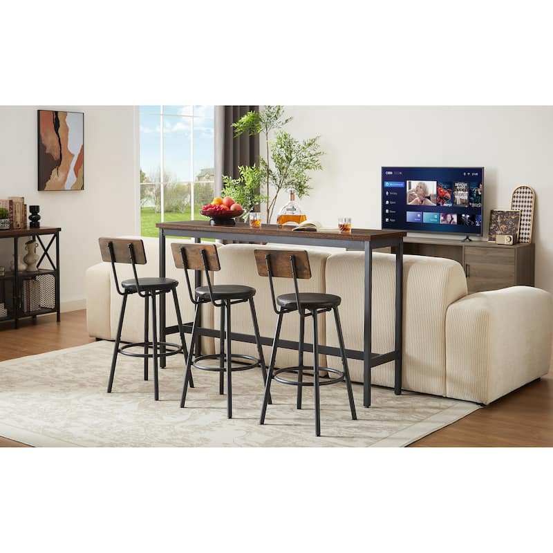 Long Bar Table Set with 3 PU Upholstered Bar Stools,Bar Table and Chairs Breakfast Table,Banquet Hall,63″L x15.7"W x 37.5"H