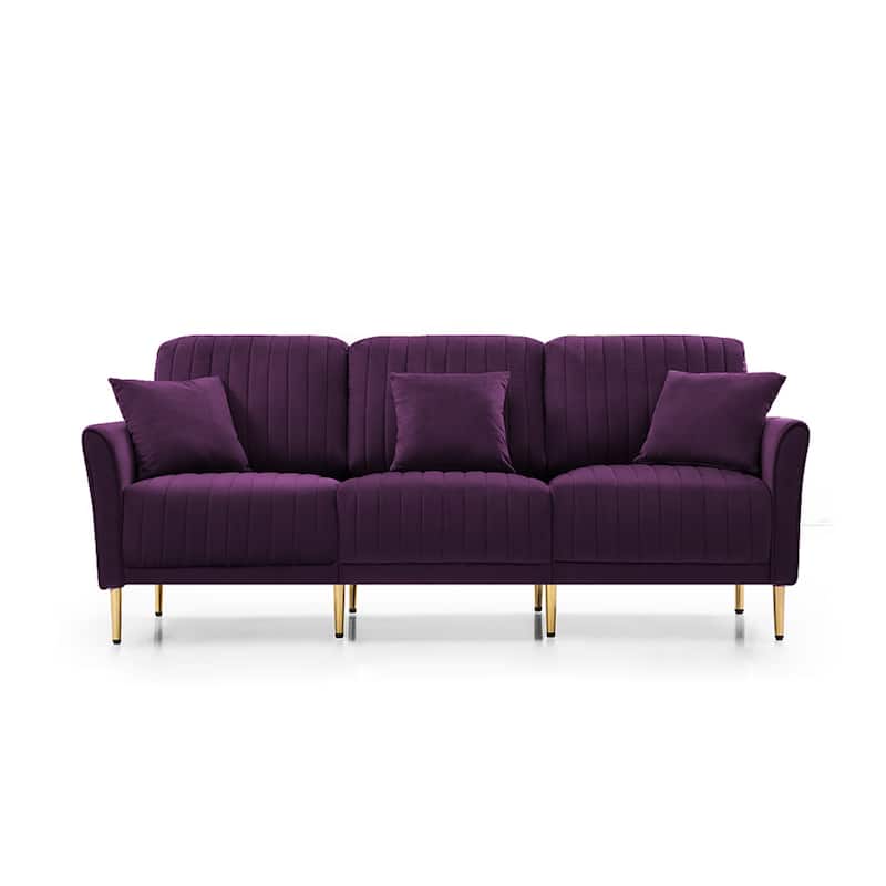 3-Seat Sofa Velvet Upholstered Living Room Tufted Back Couch Sofa with Reversible Cushions and Metal Legs, Includes Pillows