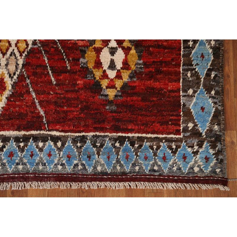 Hand Knotted Oriental 100% Wool Carpet Modern Tribal Red Moroccan Area Rug - 10' 3'' X 6' 7''