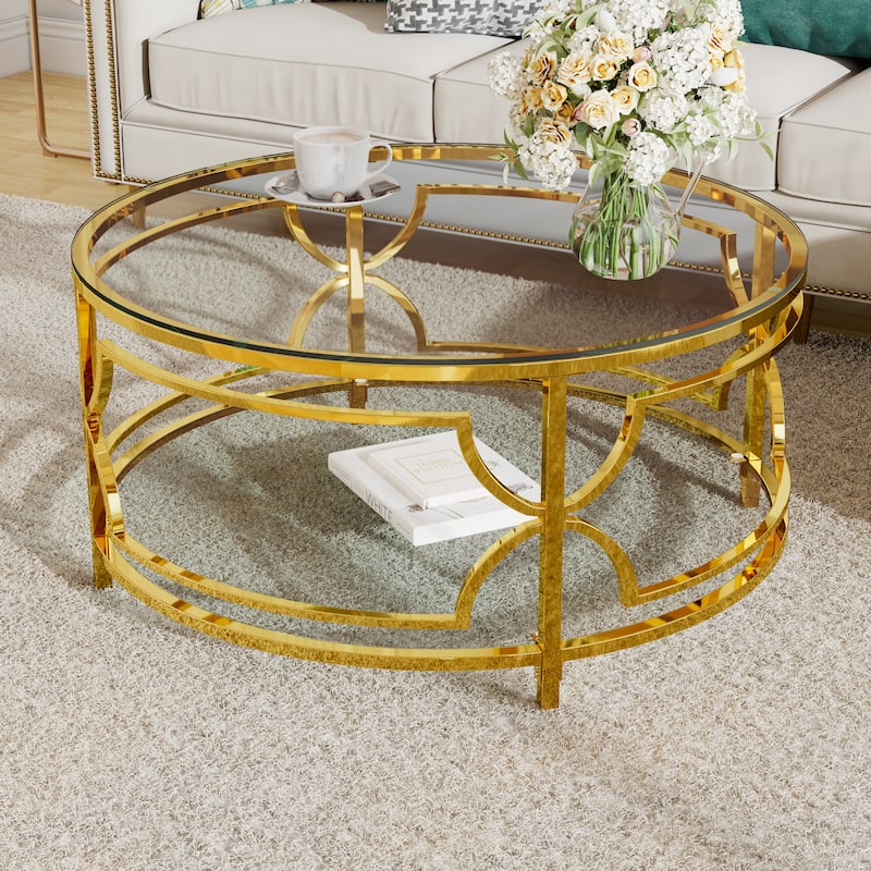 Glass Coffee Table Round Living Room Table, Luxurious Storage Table with Lower Shelf, 30.7" Center Table with Tempered Glass Top