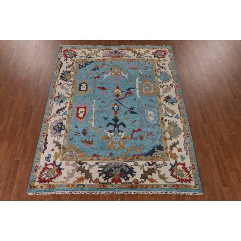 Blue Floral Oushak Oriental Area Rug Handmade Dining Room Wool Carpet - 7'10"x 9'10"
