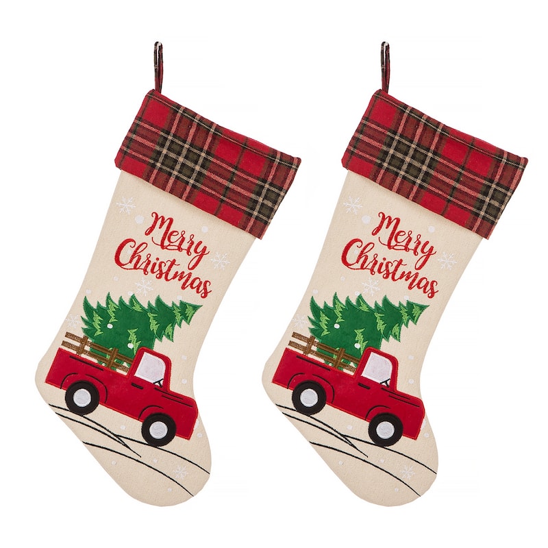 Glitzhome 21"L Embroidered Linen Red Truck Dachshund Christmas Stocking - 2PK Red Truck