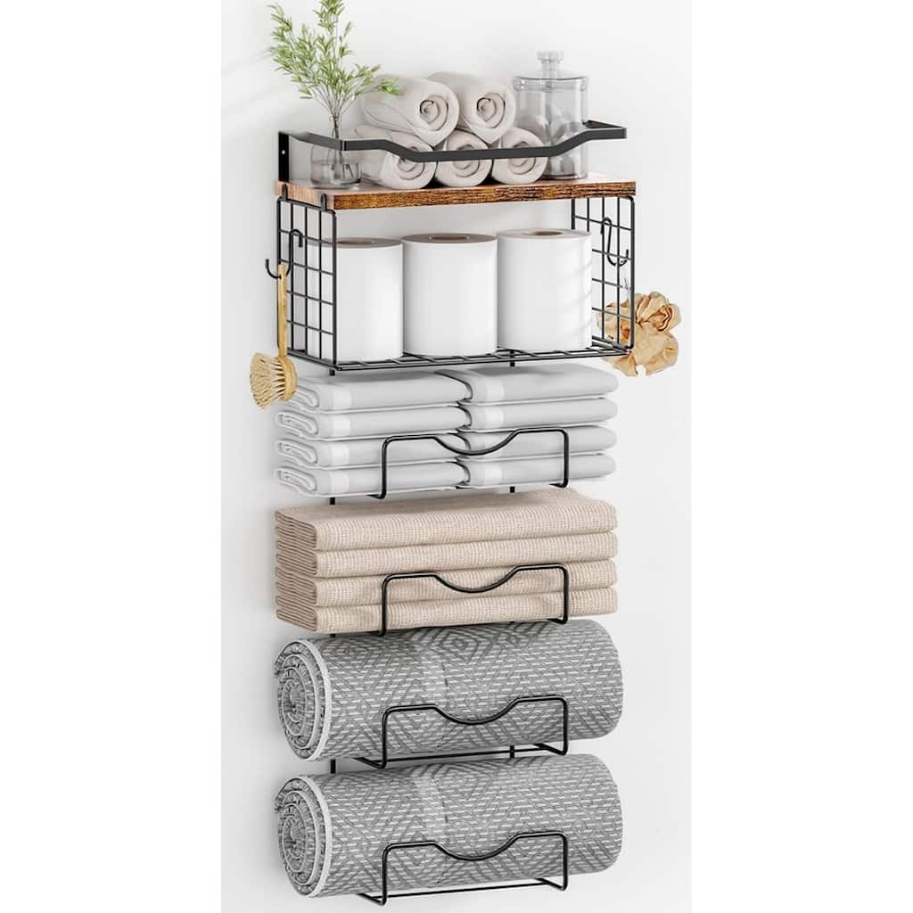 Bathroom towel rack, 6-tier roll-up or fold-out towel rack with floating shelves.