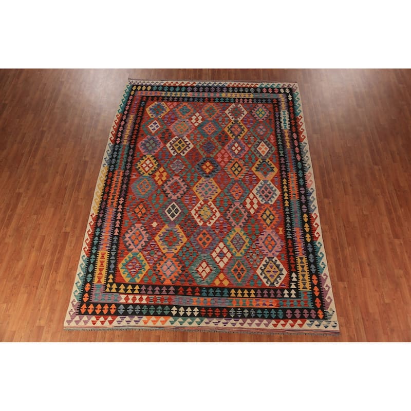 Kilim Oriental Area Rug Flatweave Orange Wool Carpet - 8'4"x 11'8"