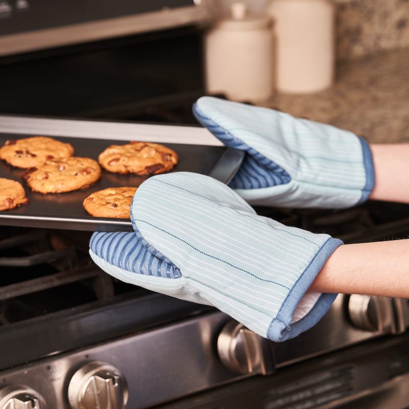 Nautica Home Aqua Striped 100% Cotton Mini Oven Mitt With Silicone Palm (Set of 2) - Aqua