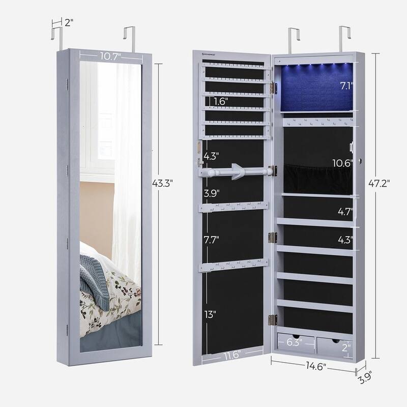 Grey Lockable Wall Door Mounted Jewelry Armoire with 6 LED Lights and Full-Length Mirror - 14.5"L x 3.9"W x 47.3"H