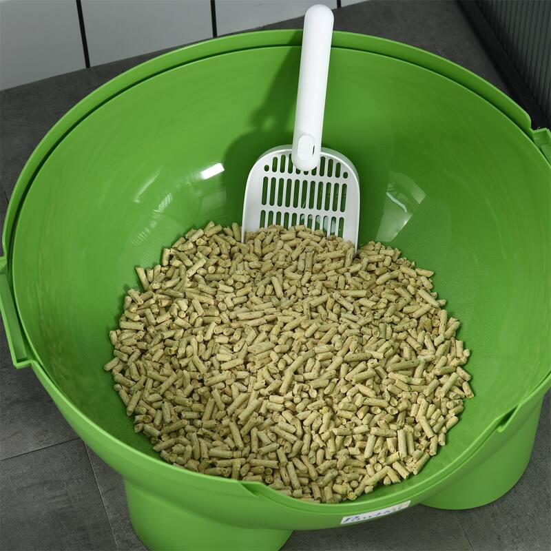 Dark Green and White Enclosed Cat Litter Box with Scoop and Sand Drain Enclosed Privacy